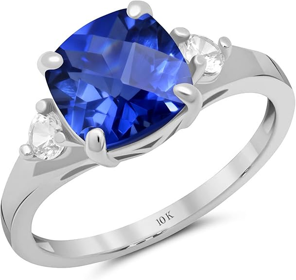MAX + STONE 10k Gold Gemstone Rings for Women | Cushion Cut Three Stone Ring | Anti Tarnishing Birthstone Rings | Cocktail Ring with Gift Box in Size 5 to 9